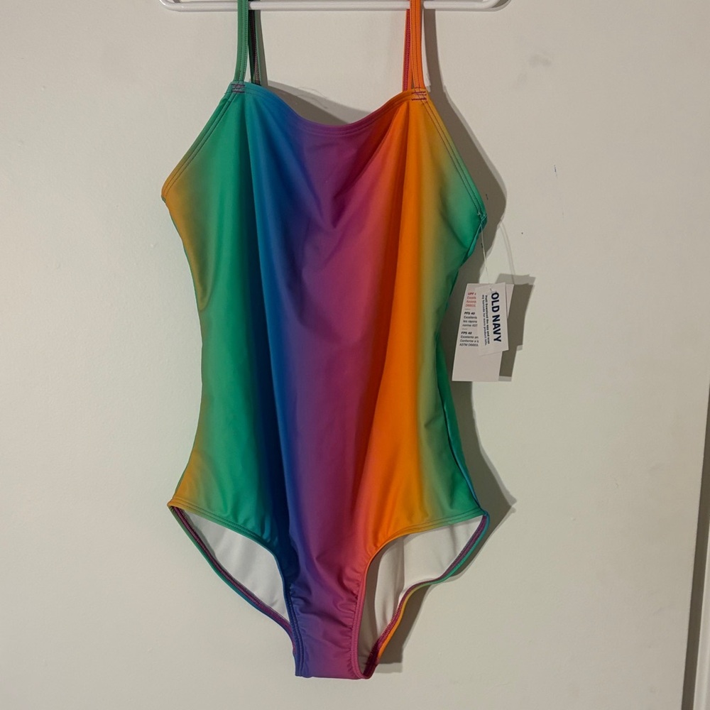 Old Navy Girls Rainbow Gradient One-Piece Swimsuit - Green Blue Purple Orange